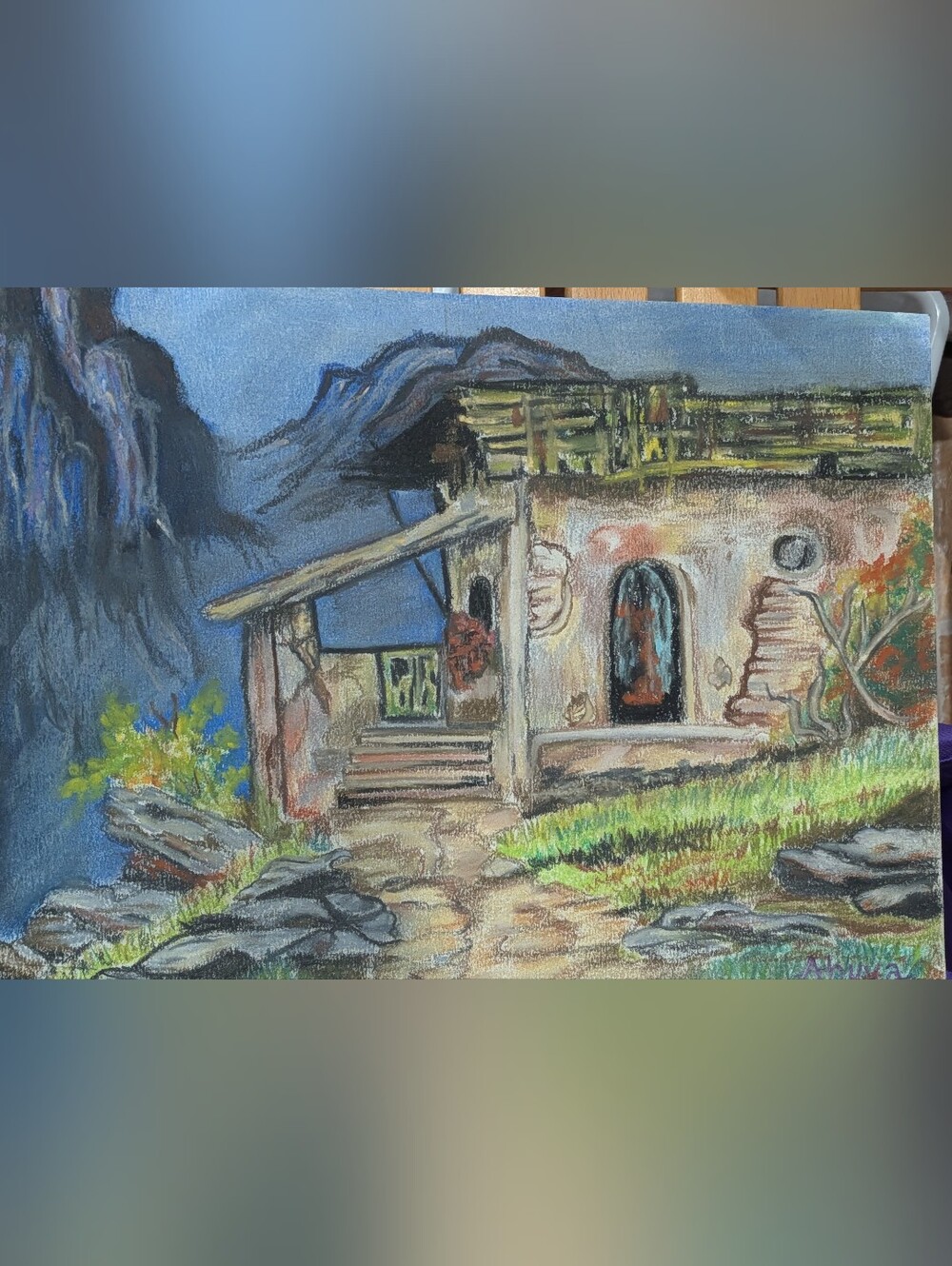 Hand Crafted Mountain Cottage Pastel Artwork in Blue and Green